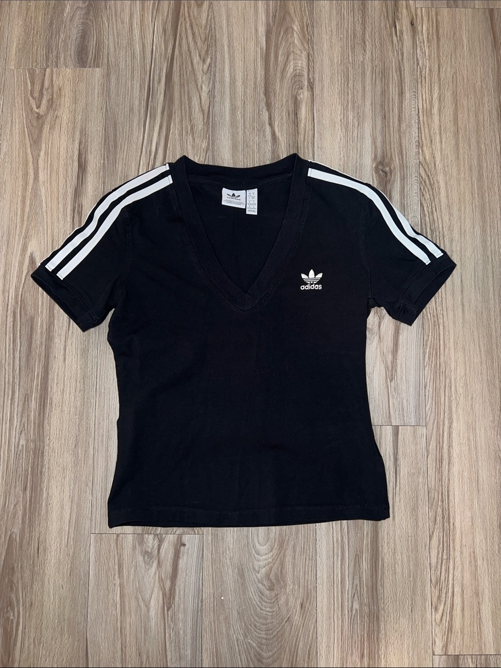 adidas Black V‑Neck Tee with White Shoulder Stripes